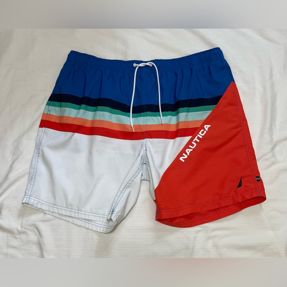 Nautica Blue and Red Swim Trunks with Sporty Color-Block Design